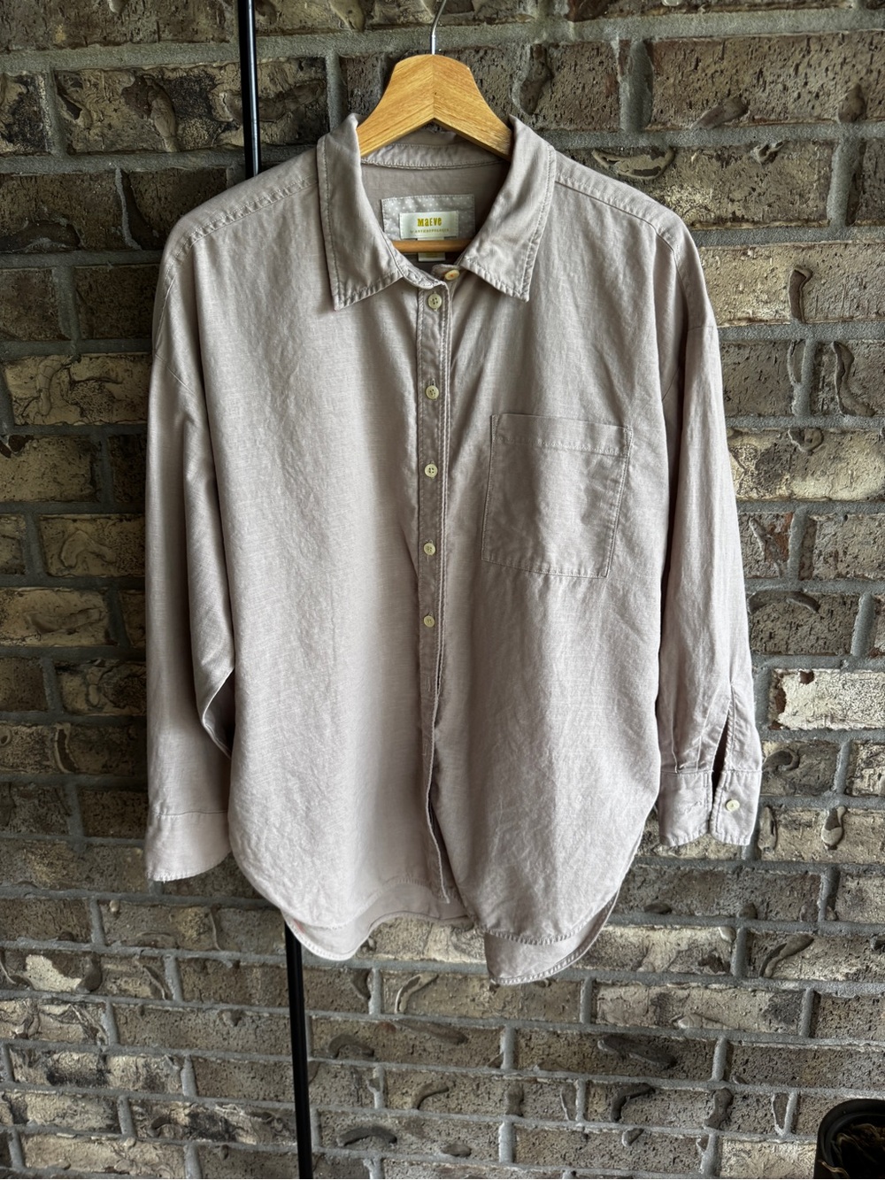 Maeve Bennett Button Down Linen Shirt Womens S Tan Long Sleeve Side Slits - Picture 4 of 12